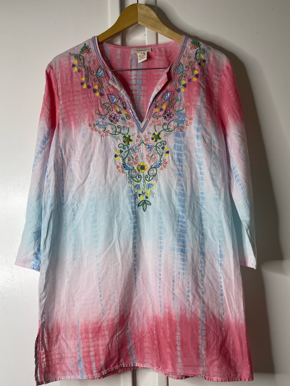Sundance Tunic Cover Up Tie Dye Embroidered Beaded size XL Boho Beachy